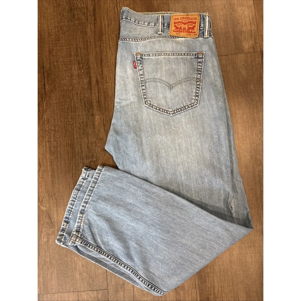 Levi's 505 Jeans Mens 38x28 Red Tab Light Wash Blue Straight Fit VTG Distressed